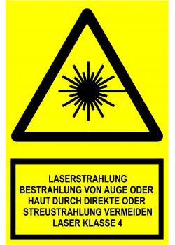 Warnschild 'Laserstrahlung Bestrahlung von Auge oder Haut durch direkte oder Streustrahlung vermeiden Laser Klasse 4' -