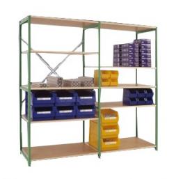 Lagerregal \'planoflex standard\' - Höhe 2,5m - 6 Holzfachböden - Fachbreite ab 970mm - graugrün pulverbeschichtet - Stecksystem - verschweißt