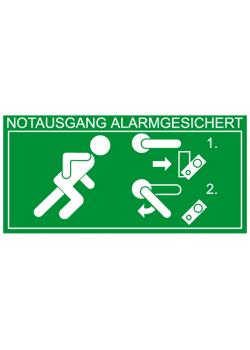 Fluchtwegzeichen 'Notausgang alarmgesichert - Entriegelung Türwächter rechts' - Seitenlänge 10-40 cm